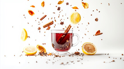 Mulled wine in a cup, falling spices and lemon slices on a white background, created with Generative AI technology