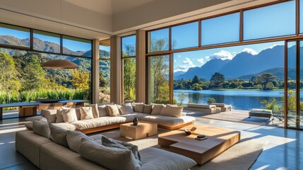 Fototapeta premium Contemporary living room interior with floor-to-ceiling windows showcasing a tranquil lakeside view with distant mountains on a sunny day