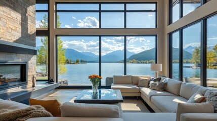 Contemporary living room interior with floor-to-ceiling windows showcasing a tranquil lakeside view with distant mountains on a sunny day