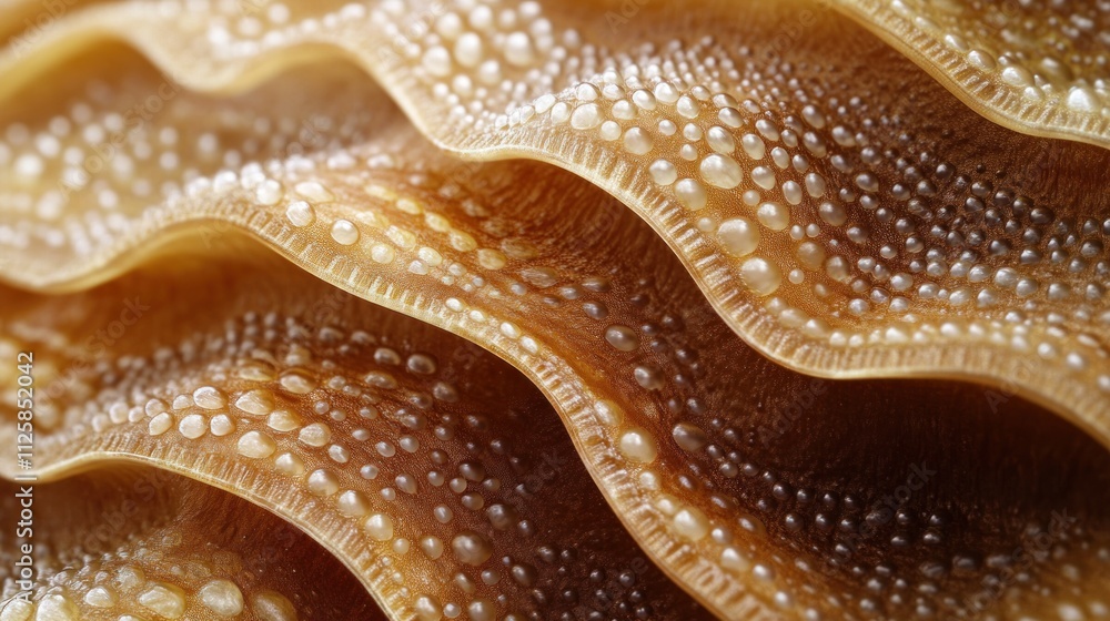Poster close-up of layered, textured, seashell with translucent, bumpy surface.