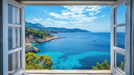 Gorgeous Mediterranean seascape visible from an open window, offering an unobstructed view of the turquoise waters and sunny coastline