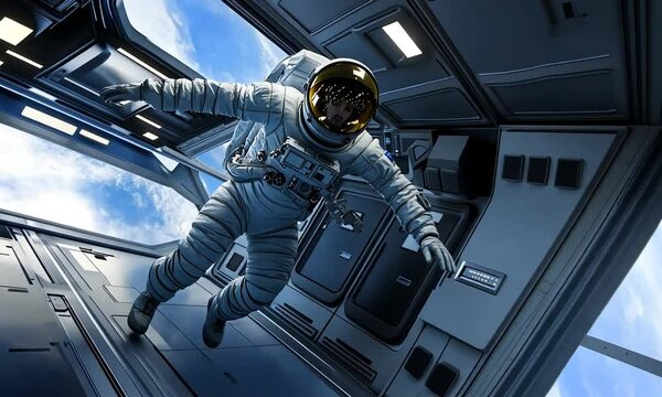 An astronaut floats in a spacecraft, showcasing the vastness of space through large windows, emphasizing the unique experience of zero gravity.