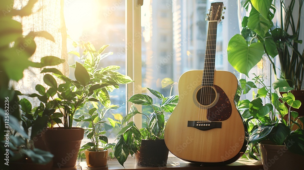 Poster a warm morning scene with sunlight streaming through a window and acoustic guitar music in the backg