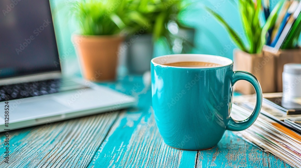 Poster an artistic workspace with a coffee mug and jazz vinyl records creating a calm vibe stock photo with