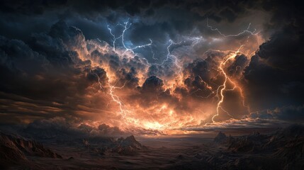 Fototapeta premium A dramatic thunderstorm over a vast desert, with lightning bolts illuminating the dark sky