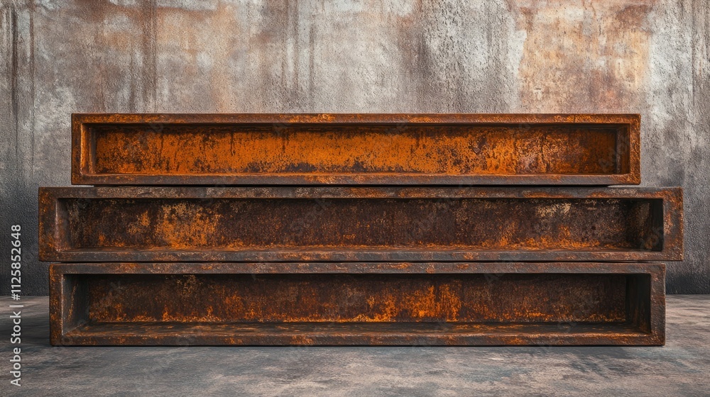 Poster industrial setting with a stack of corroded steel beams, showcasing their rugged texture and aged ap