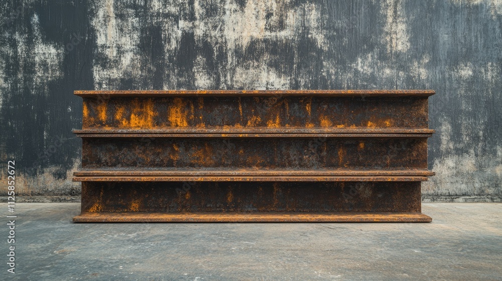 Poster industrial setting with a stack of corroded steel beams, showcasing their rugged texture and aged ap