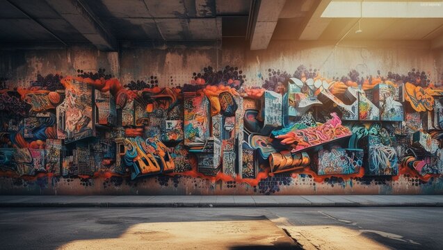 Fototapeta stunning street wall graffiti painting and aerosol urban art wallpaper. vibrant urban backdrop for spray-painting graffiti in the vein of contemporary culture