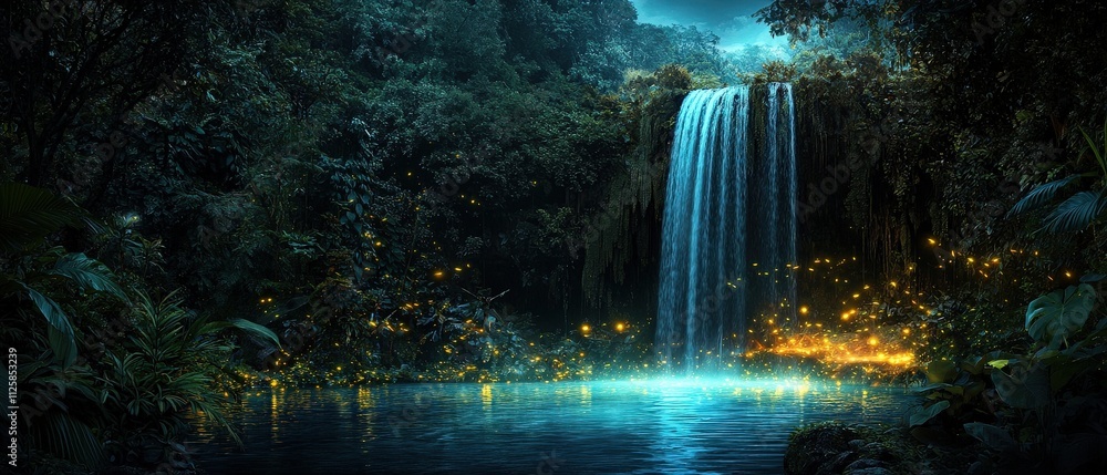 Poster a mystical waterfall cascading into a glowing pool surrounded by lush greenery and magical fireflies