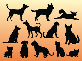 Silhouettes of Cats and Dogs in Various Poses - Vector Illustration Set.