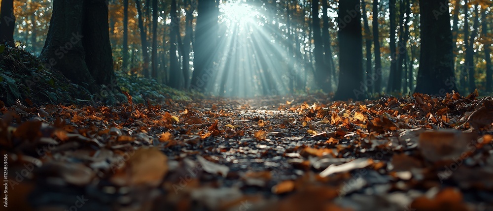 Poster a forest pathway covered with autumn leaves, with sunlight streaming through the trees