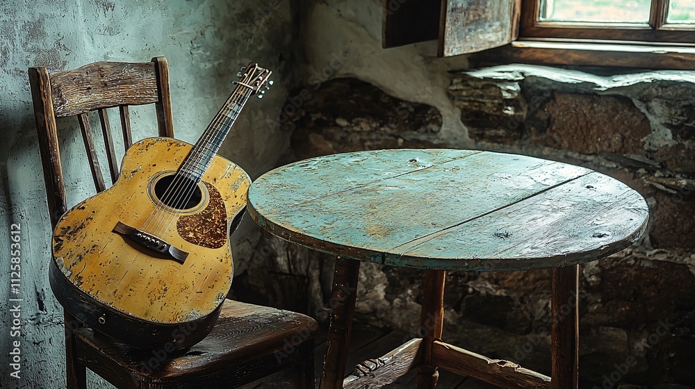 Poster a rustic coffee setup on a wooden table with a guitar leaning against a chair stock photo with side 