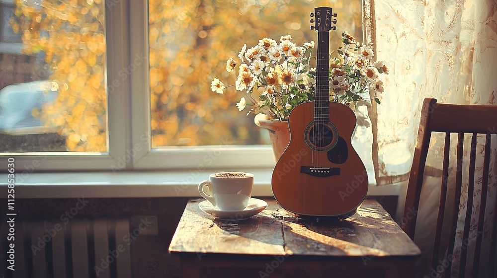 Poster a rustic coffee setup on a wooden table with a guitar leaning against a chair stock photo with side 