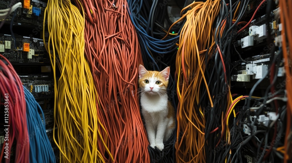 Poster rows of neatly bundled wires and cables in a computer wiring room, illustrating modern technology in