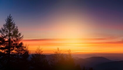 Golden Hour Serenity: Majestic sunset over a mountain range, silhouetted pine trees in the foreground, vibrant colors painting the sky. A breathtaking scene of nature's tranquility. 