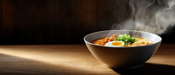 A steaming bowl of ramen garnished with sliced green onions and a soft-boiled egg, served on a wooden table