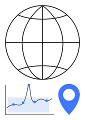 Globe grid line graph with data points blue geo-marker. Ideal for themes geography, data analysis, statistics, global connections, technology, navigation, growth trends. Line metaphor