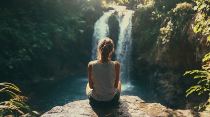 Fototapeta premium Woman meditating in front of a waterfall in nature
