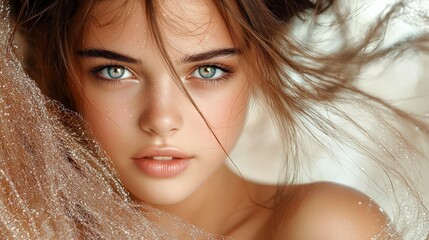 Enchanting close-up of a girl with delicate lines framing her expressive eyes, pastel-toned environment blending seamlessly with soft lighting, wind-kissed hair, glittering ethereal accents 