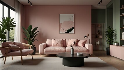 Modern Interior Design of Living room along with sofa set and indoor plantsDiscover a minimalist living room in soft pink tones, featuring a stylish sofa, green plants, and modern decor. Perfect for h