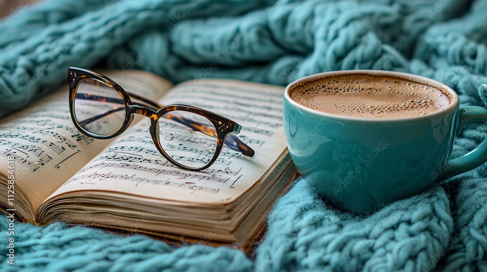 Poster an evening retreat with a cup of coffee and jazz playing softly stock photo with side copy space