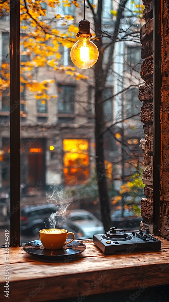 Poster a cozy corner table with a steaming coffee cup and a vinyl record player in a softly lit cafe stock 