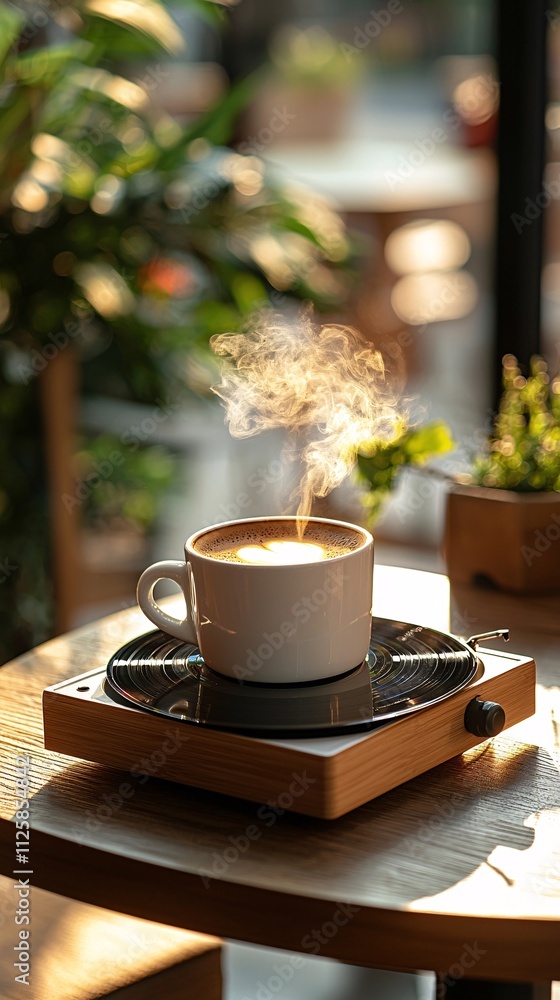 Poster a cozy corner table with a steaming coffee cup and a vinyl record player in a softly lit cafe stock 