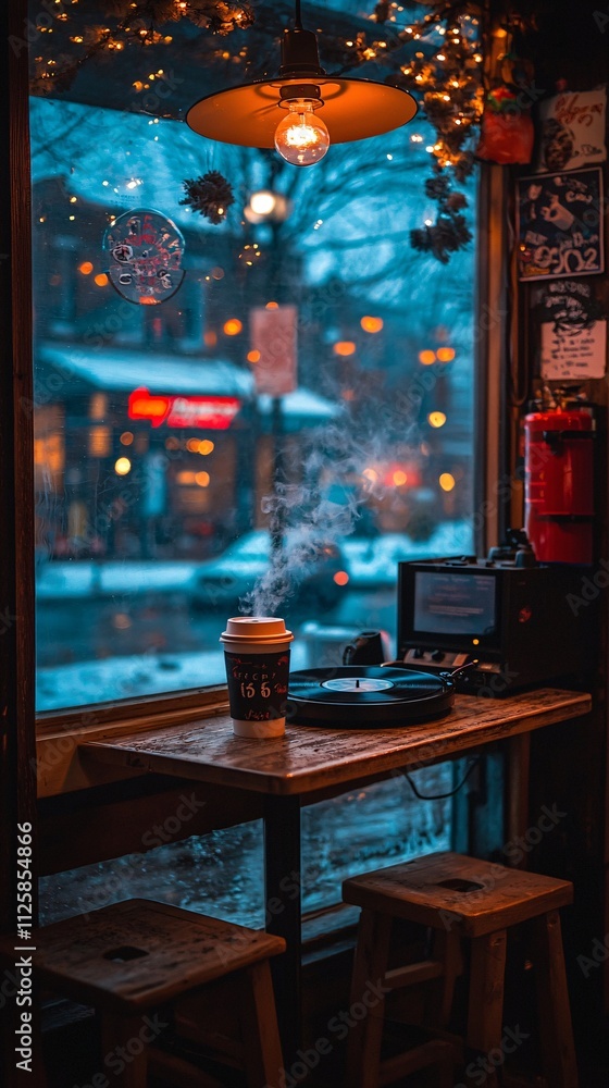 Poster a cozy corner table with a steaming coffee cup and a vinyl record player in a softly lit cafe stock 