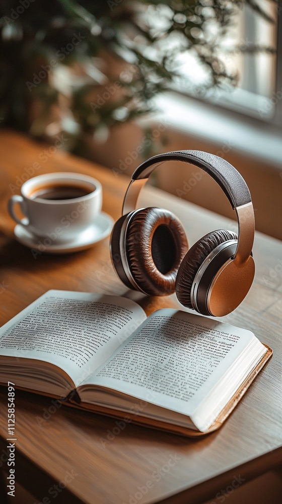 Poster a serene workspace featuring an open notebook a cup of coffee and headphones playing acoustic tunes 
