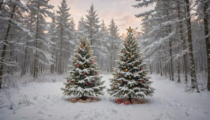 Two Decorated Christmas Trees in a Snowy Forest with Presents Underneath