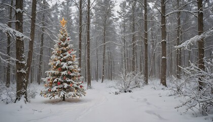 Two Decorated Christmas Trees in a Snowy Forest with Presents Underneath