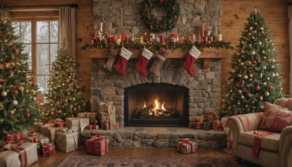 Cozy Christmas Living Room with Fireplace, Festive Trees, and Presents