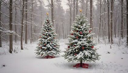 Two Decorated Christmas Trees in a Snowy Forest with Presents Underneath