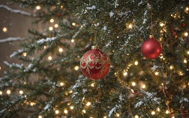 Christmas Tree with Sparkling Red Ornaments and a Warm Winter Atmosphere