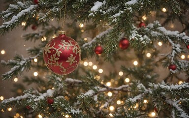 Christmas Tree with Sparkling Red Ornaments and a Warm Winter Atmosphere