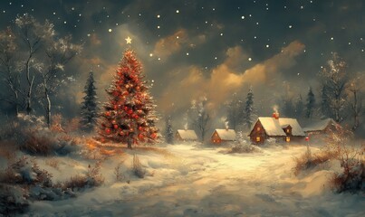 Vintage style Christmas card with a Christmas village.