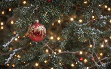 Christmas Tree with Sparkling Red Ornaments and a Warm Winter Atmosphere