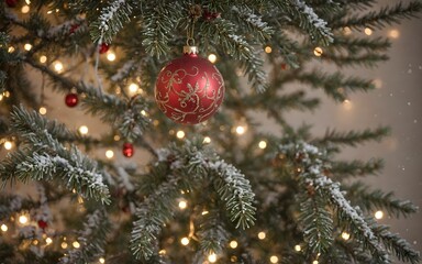 Christmas Tree with Sparkling Red Ornaments and a Warm Winter Atmosphere