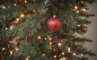 Christmas Tree with Sparkling Red Ornaments and a Warm Winter Atmosphere
