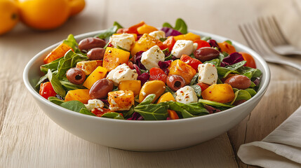 colorful Mediterranean salad with fresh vegetables, olives, and cheese, perfect for healthy meal. Enjoy vibrant flavors and textures in every bite