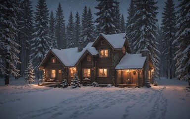  Snow-Covered Mountain Village with Warm Lights: A Romantic Winter Scene