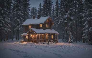  Snow-Covered Mountain Village with Warm Lights: A Romantic Winter Scene