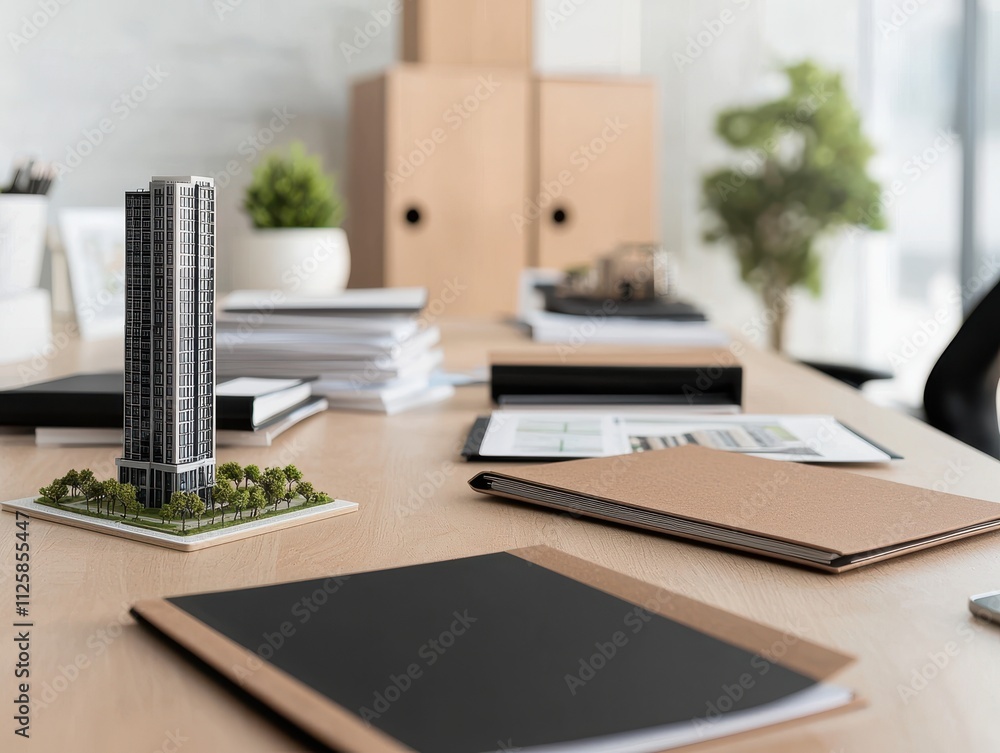 Poster agreement owner management interest pricing concept. model building on a workspace with notebooks an