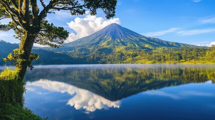 Volcano in the morning light, perfectly mirrored in a calm lake, showcasing a breathtaking natural...