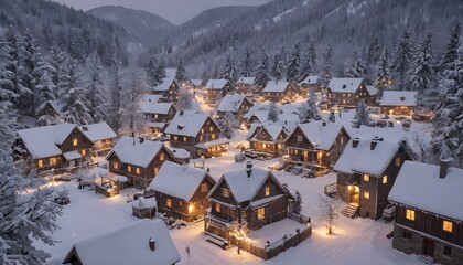 Snow-Covered Mountain Village with Warm Lights: A Romantic Winter Scene