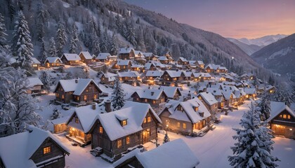  Snow-Covered Mountain Village with Warm Lights: A Romantic Winter Scene