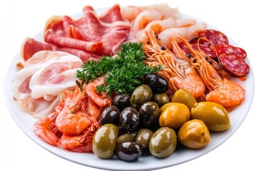 A beautifully arranged plate of Spanish tapas, including olives, cured meats, and seafood, with each item clearly defined against the transparent background.