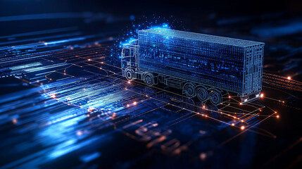 digital representation of truck in futuristic supply chain environment, showcasing IoT technology and data flow. image conveys innovation and connectivity in logistics