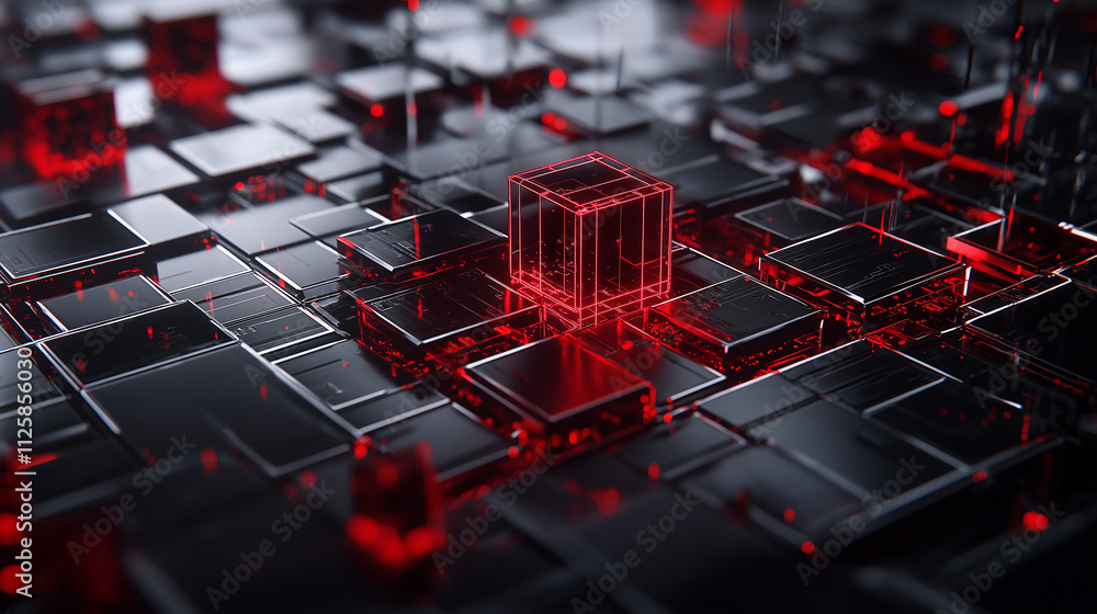 Poster abstract visualization of quantum bits (qubits) in digital environment, showcasing intricate patterns and glowing red elements. composition evokes sense of advanced technology and innovation