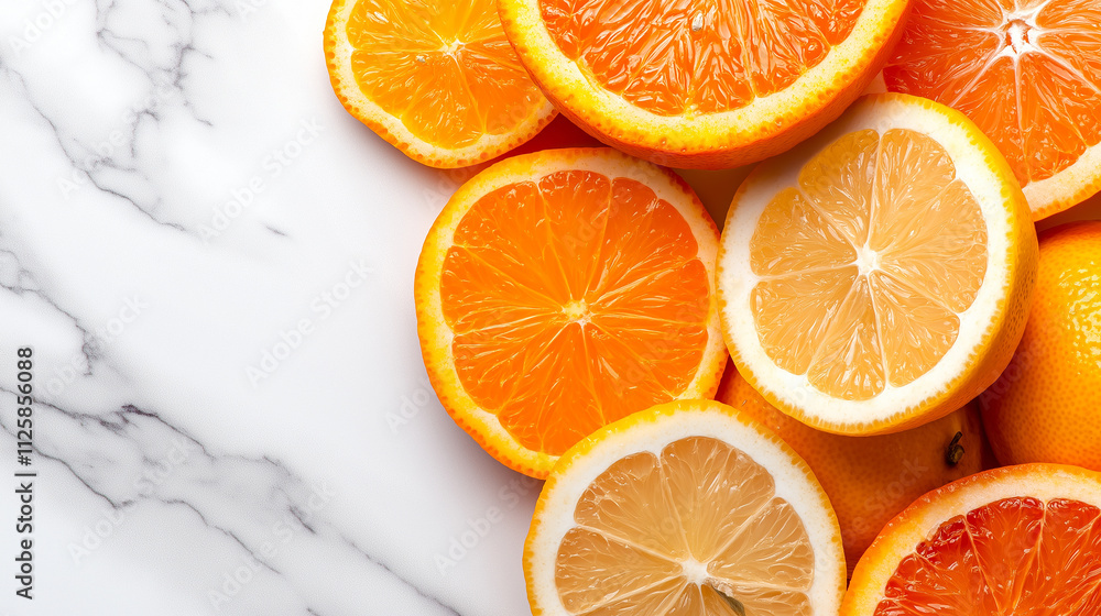 Aufkleber Freshly sliced citrus fruits arranged aesthetically on marble surface, showcasing vibrant oranges and lemons. bright colors and textures create refreshing and inviting display